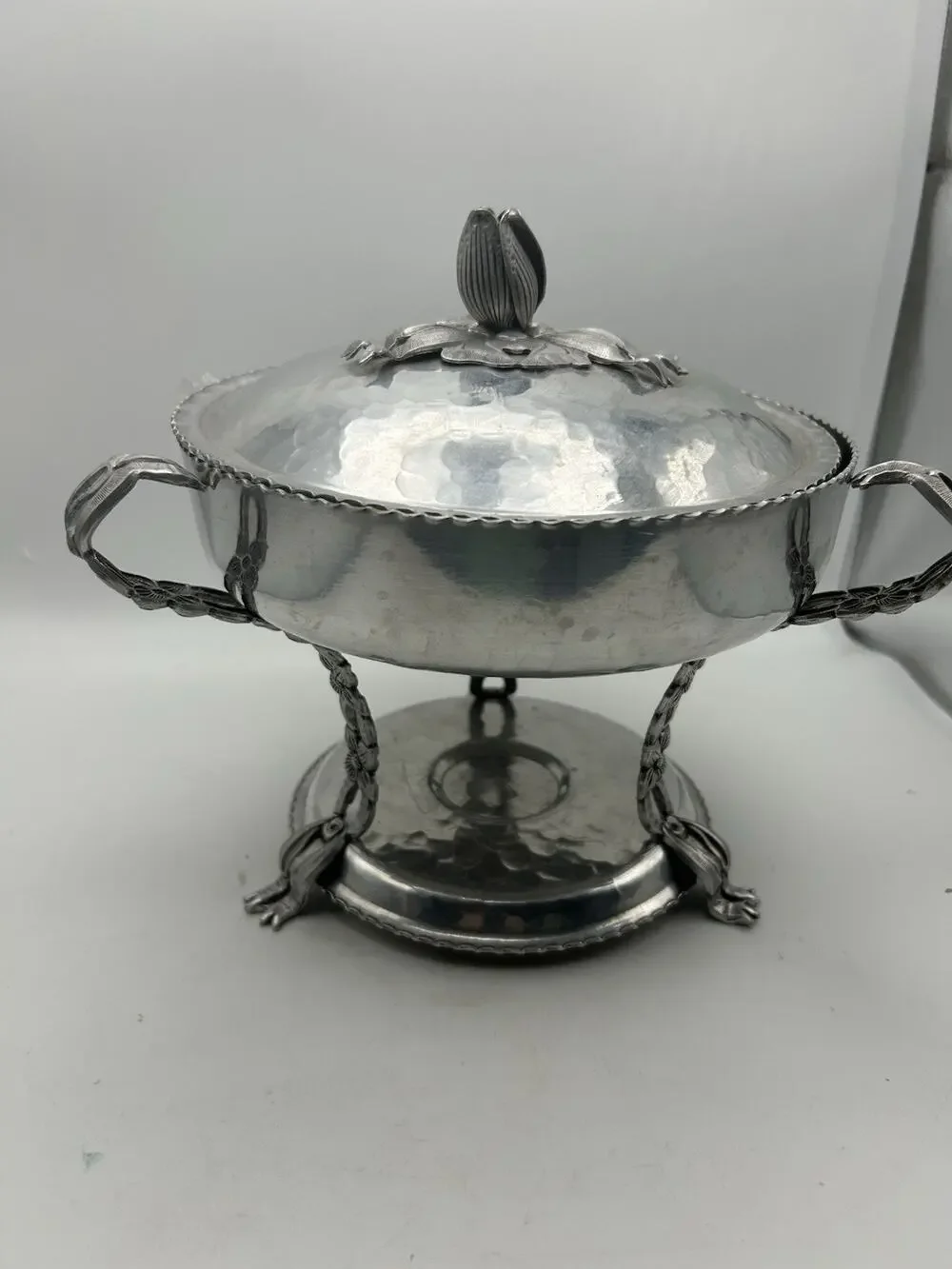 Pyrex Food Warmer Chafing Hammered Aluminum Rodney Kent 1950s MCM Tulip.
